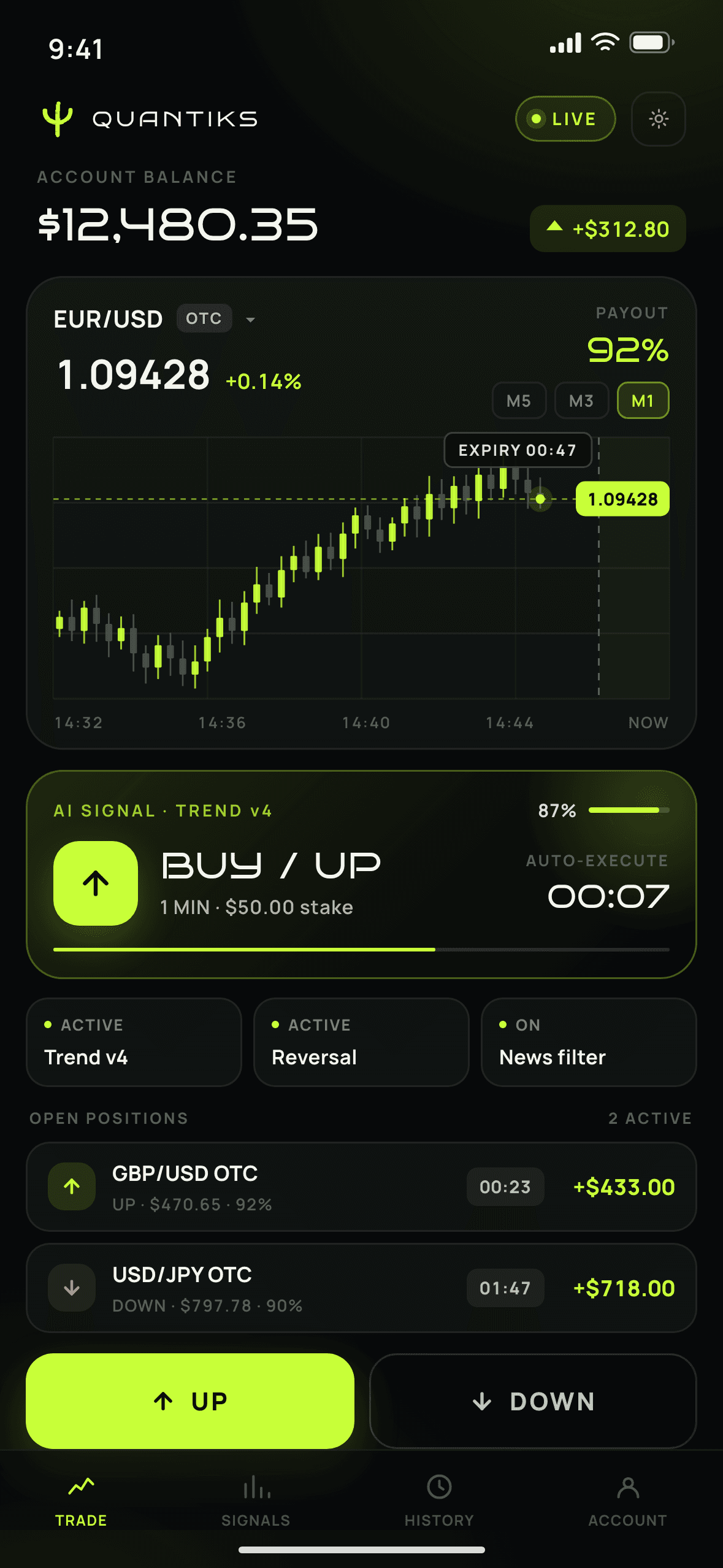 Quantiks trading interface with account balance, live chart and signal